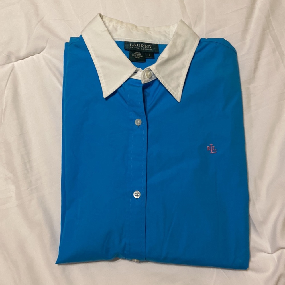 Womens Ralph Lauren VTG Turquoise Button-Down Shirt White Collar & Cuffs Size L - Picture 14 of 14